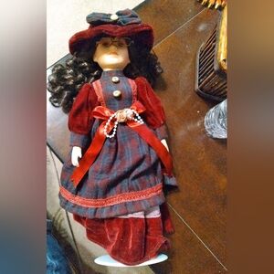 Burgundy velvet dress doll